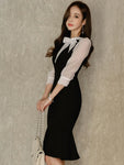 Stitched Bow Tie Seven-Point Sleeve Temperament Bag Hip Fishtail Dress