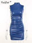 Sleeveless Ruched PU Leather Short Bodycon Dress - Alt Style Clothing