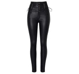 Edgy High-Waisted Faux Leather Skinny Pants with Side Lace-Up Detail