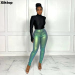 High-Waisted Silver Bright Pencil Pants - Stretchy and Perfect for Party or Club Wear