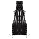 Patent Leather Latex Tank Bodycon Dress - Side Lace-Up Mini for Nightclub & Punk Parties