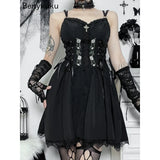 InsGoth Gothic V-Neck Lace-Up Corset Dress – Velvet Elegance with Dark Charm