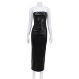 Strapless PU Leather Tight Fitting Maxi Dress with Zipper Detail