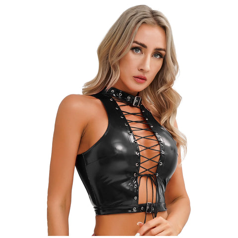 Glossy Patent Leather Crop Top – Sleeveless Hollow Out Eyelet Lace-Up