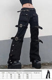 Gothic Lace-Up Patchwork Bandage Boot Cut Trousers - Distressed Streetwear Jeans