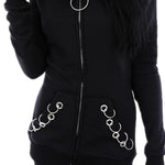 Black Zip-Up Women's Punk Hoodie with Iron Ring Hooded Jacket