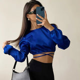 Elegant Satin Backless Lace-Up Crop Top with Lantern Sleeves