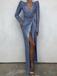Sexy Sequins V-Neck Slim Fit Evening Dress Long Sleeved Elegant Split Tailing Gown - Alt Style Clothing