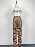 Cyber Vintage Faux Leather Pants with Stacked Zipper and Side Slit