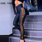 Sexy Plain Rhinestone Contrast Mesh High Waist Skinny Leggings