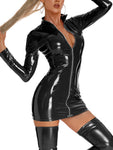 Long Sleeve Faux Latex Bodycon Mini Dress - PU Leather Stand Collar Clubwear