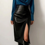 High-Waist Leather Midi Skirt – A-Line Office Style