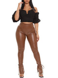 Plain PU Leather Studded Zipper Design Sexy Skinny Long Pants