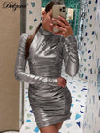Ruched Turtleneck Long Sleeve Bodycon Bandage Sexy Dress - Alt Style Clothing