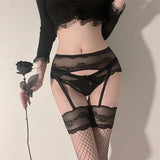 Lace Floral Garter Belt With Fishnet Thigh High Stockings