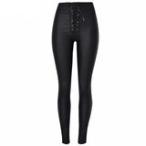 Metal Eyelet Straps High-Waisted PU Coated Leather Pants - Slim Fit with Stretch and Elastic Waist