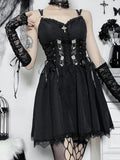 InsGoth Gothic V Neck Lace Up Dress High Waist Lace Trim Corset Dress - Alt Style Clothing