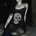 Goth Dark Anime Skull Print Mini Dress with Lace and Spaghetti Straps