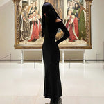 Gothic Hooded Knit Maxi Off Shoulder Ribbed Bodycon Long Sleeve Dark Style Dress