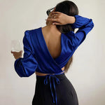 Elegant Satin Backless Lace-Up Crop Top with Lantern Sleeves