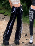 Gothic Lace-Up Patchwork Bandage Boot Cut Trousers - Distressed Streetwear Jeans