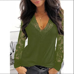 Casual See-Through Lace Trim V-Neck Long Sleeve Top