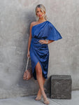 Silk Robe Satin Short Sleeve One Shoulder High Split Ruched Dress - Alt Style Clothing