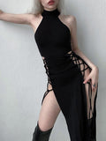 High Split Sexy Bandage Gothic Halter Slim Midi Dress Black - Alt Style Clothing