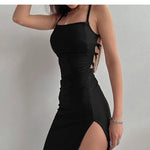 Sleeveless Halter Neck Black Bodycon Dress with Spaghetti Straps