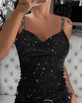 Rhinestone Spaghetti Strap Glitter Top