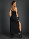 Bold Shade Punk Gothic High Split Backless Club Dress - Ruched Midi Partydress