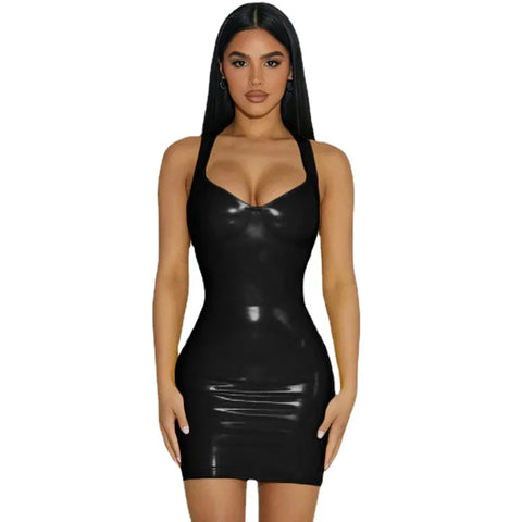 Patent Leather Bodycon Mini Dress - Sleeveless Latex Tank Dress for Rave & Party