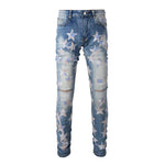 High-Quality Slim Fit Stretch Jeans with Distressed Leather Star Patchwork