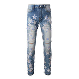 High-Quality Slim Fit Stretch Jeans with Distressed Leather Star Patchwork