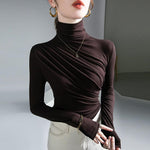 Pleated Stretch Turtleneck Bottoming Pullover Top