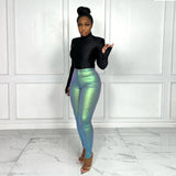 High-Waisted Silver Bright Pencil Pants - Stretchy and Perfect for Party or Club Wear