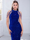 Sexy Halter Sleeveless Party Stretch Sequin Long Evening Prom Dress