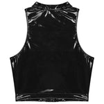 Glossy Patent Leather Crop Top – Sleeveless Hollow Out Eyelet Lace-Up