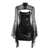 Gothic Faux Leather Lace Dress with Flare Sleeves