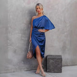 Satin One-Shoulder High Split Ruched Dress