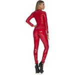 Metallic Zip Front Mock Neck Catsuit - Faux Leather Bodysuit Halloween Costume