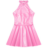 Glossy Patent Leather Halter Skater Mini Dress - Latex Swing Skirt Clubwear