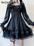 Gothic Square Collar Puff Sleeve Midi Dress with Bow Detail