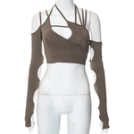 Grey Gothic Patchwork Crop Top - Long Sleeves