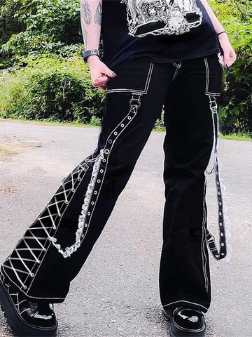 Gothic Lace-Up Patchwork Bandage Boot Cut Trousers - Distressed Streetwear Jeans