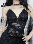 Gothic Black Bodycon Mini Dress with Distressed Grunge Detailing