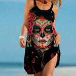 Vintage Skull Face Sleeveless Lace-Up Halter Mini Dress - Edgy and Effortless