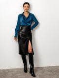 Sexy Midi Leather Skirt Solid High Waist - Alt Style Clothing