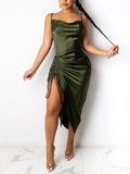 Ruched Satin Drawstring Spaghetti Straps Backless Long Dress - Alt Style Clothing