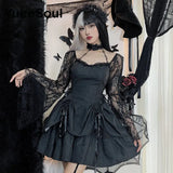 Gothic Vintage Black Dress with Batwing Sleeves and Bow Detail